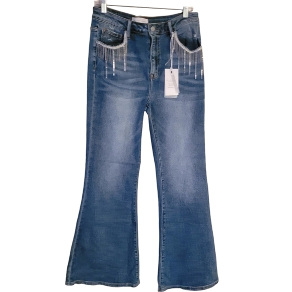 Risen Dolly High Rise Flare Jeans Rhinestones Crystals Tassels - Picture 10 of 14